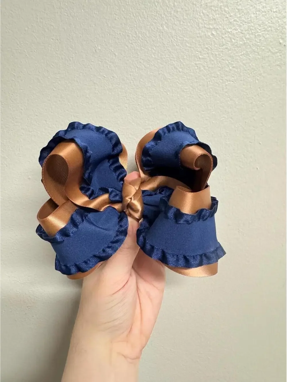 Navy Blue & Champagne Gold Ruffle Boutique Hair Bow | Twisted Boutique Bow